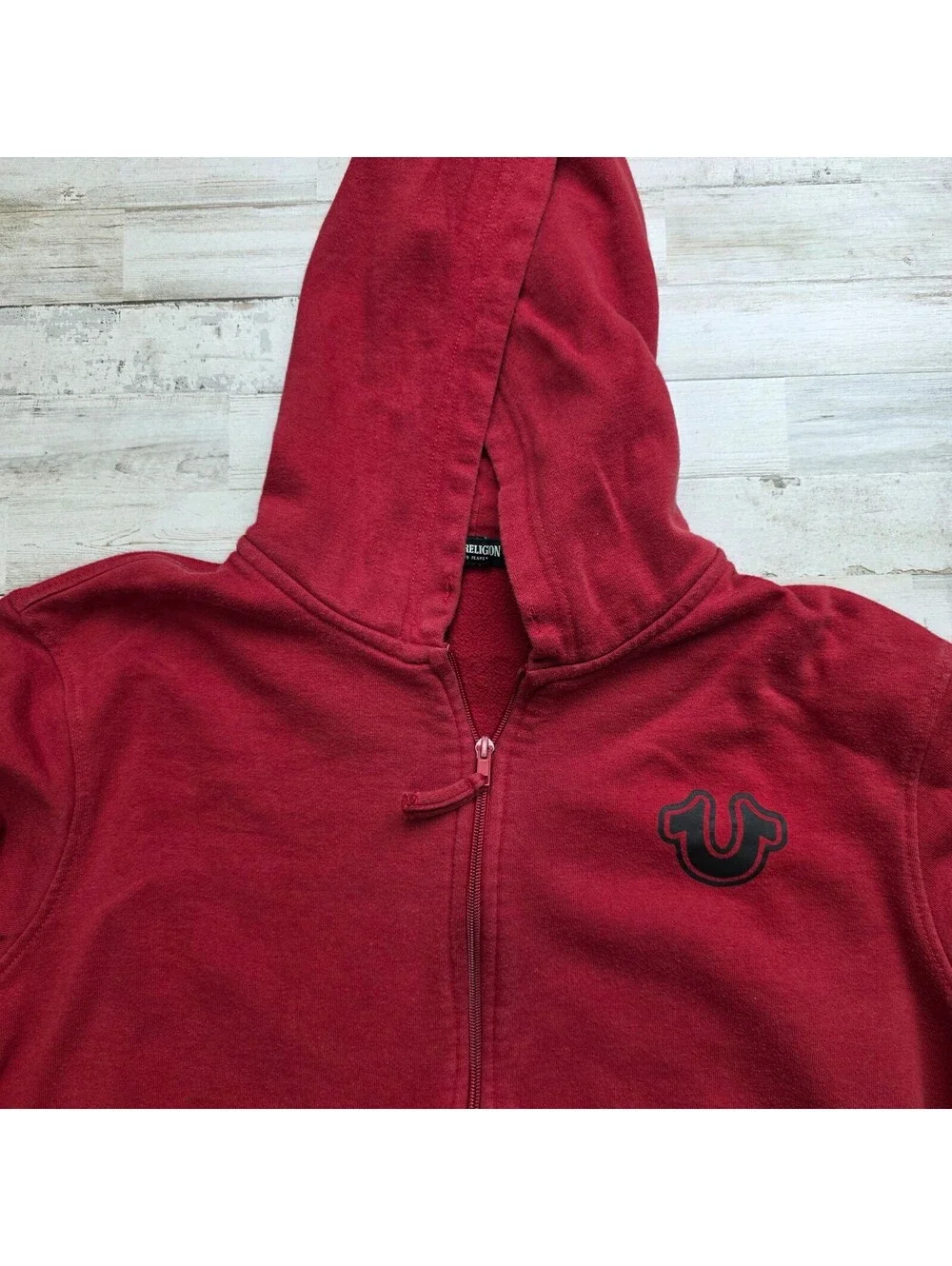 True Religion Hoodie L Red Full Zip Sweatshirt Logo Graphic Front Back Cotton